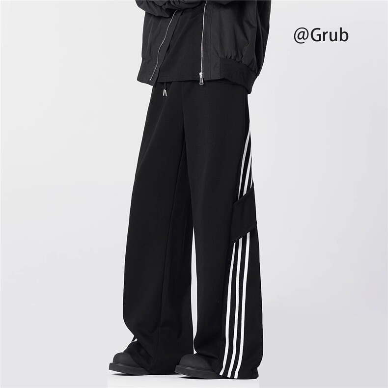 美式条纹三条杠裤子男款春秋款百搭直筒宽松阔腿卫裤运动休闲长裤,女装休闲裤,星座1210-1