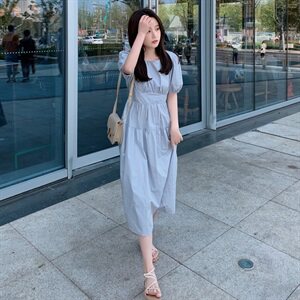2025夏装新款中长款修身显瘦短袖连衣裙修身圆领裙子女装长裙甜美图片