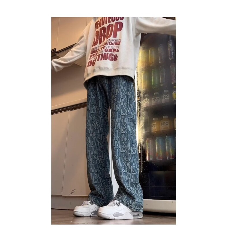 现货!港风新款2025潮流百搭直筒宽松大码牛仔裤松紧腰NZ6182-P40,男装牛仔裤,星座1103-2