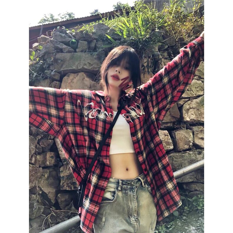 美式复古格子长袖衬衫男女春夏秋季潮牌宽松刺绣休闲衬衣外套潮流，男装衬衫，星座1210-1