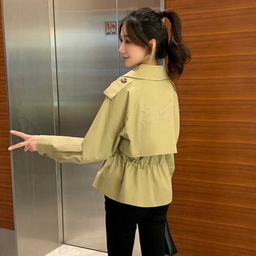欧洲站设计感抽绳收腰短款风衣外套女秋新款英伦风双排扣休闲上衣,女装短外套,梦懿尔