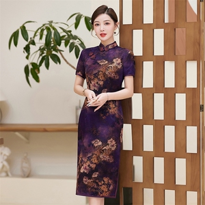 春夏季新款香云纱设计简约时尚大气中长款专柜品质真丝旗袍连衣裙图片