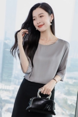 重磅圆领酒红真丝衬衫女五分袖2026春新款妈妈宽松大码真丝上衣，女装衬衫，阿舍尔精品