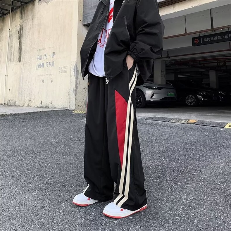 V1640-P45春季新款美式拼接条纹运动裤休闲阔腿裤宽松高街拖地裤,男装休闲裤,星座1608