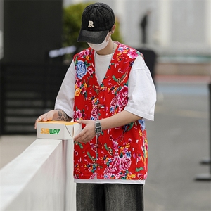 MJ03大花休闲口袋风盘扣马甲大码花坎肩团队服喜庆婚礼服潮男图片