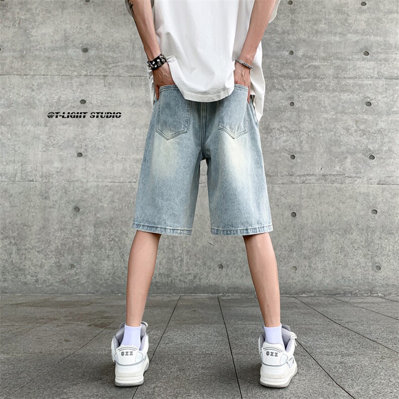 B221美式ins高街暗黑小众拼接牛仔短裤五分裤LK23068-P50控68,男装牛仔裤,电商B221