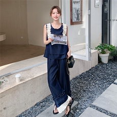 蕾丝木耳边无袖软牛仔上衣阔腿裤两件套女夏超火独特绝美韩系套装，女装套装/套裙，浙宝208