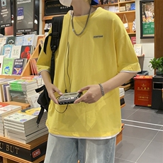 短袖T恤男夏季假两件潮牌宽松圆领青少年情侣款运动休闲短袖上衣，男装T恤，星座1013
