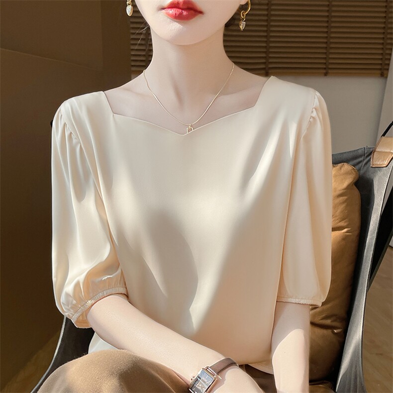 2025春夏中袖上衣女气质泡泡袖钻石方领打底短袖上衣潮,女装蕾丝衫/雪纺衫,朝贺羊绒