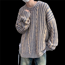 潮韩系高级感拼色竖条纹圆领针织衫男女宽松春秋季复古青少年毛衣，男装针织衫/毛衣，星座218-1（原230）