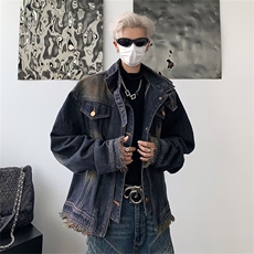 美式潮牌复古毛边痞帅夹克春季水洗做旧牛仔上衣外套男W8097-P72，男装夹克，星座512-4