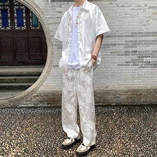 新中式风套装男龙纹衬衫短袖裤子夏季2024新款男装搭配，男装衬衫，星座716-4