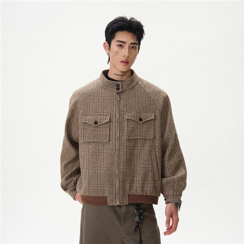 GC0768-P6网图千鸟格哈灵顿夹克男秋短款立领cleanfit老钱风外套，男装夹克，电商C233