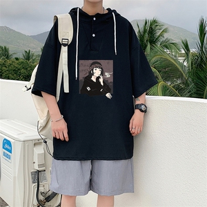 LD54122-P45 连帽短袖t恤男大码胖子带帽五分袖中袖图片