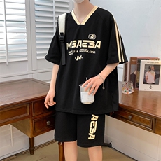 夏上新学生V领套头半袖套装创意印花短裤T恤男女6645-P70控价98，男装T恤，电商A441-1
