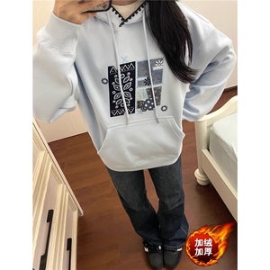 美式高街蓝色刺绣贴布连帽卫衣女秋冬设计感小众潮牌外套图片