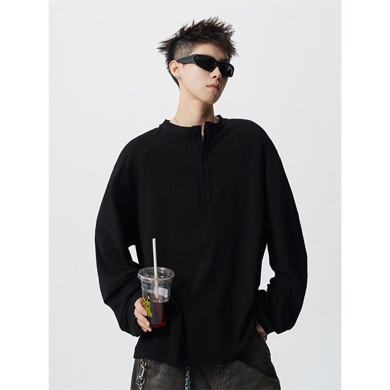 高级风纯色透气亲肤亨利领长袖T恤垂感丝滑通勤打底衫CX3001P38，男装T恤，电商D206-1