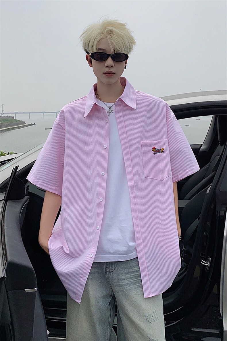 B221美式ins港风宽松薄款条纹短袖衬衫SY2556-特P35控59,男装衬衫,电商B221