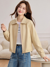 现货复古机车风翻领短款皮衣女宽松显瘦百搭小个子皮夹克外套，女装皮衣，韩蔻秀