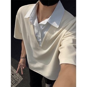 特批P30无差价夏季港风华夫格V领拼接短袖T恤男宽松休闲上衣T5071图片