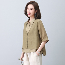 时尚休闲棉麻女2025夏季新款中年妈妈苎麻衬衫减龄亚麻，女装衬衫，忆绮罗