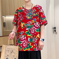 HT203夏男休闲东北大花民族风牡丹花圆领短袖T恤青少年大码男女潮，男装T恤，星座115A(原星座507）