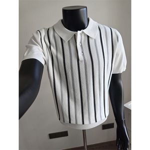 盗图老钱风竖条纹针织冰丝短袖POLO衫C72146/P58控88图片