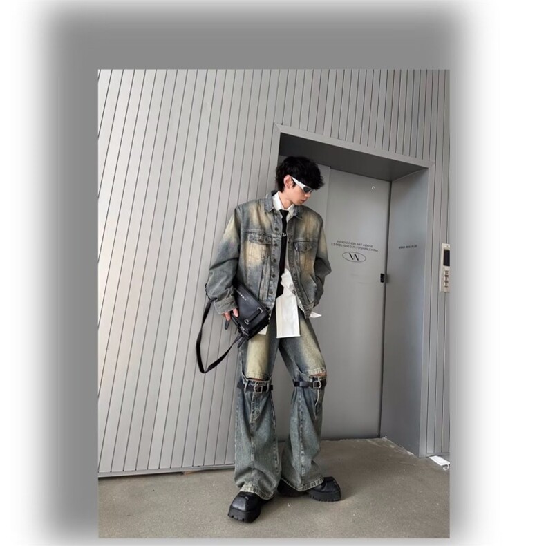 美式复古黄泥色牛仔外套情侣款高街垫肩工装褂子男设计感春秋夹克,男装工装外套,星座1210-1