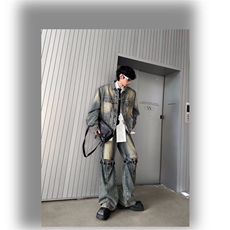 美式复古黄泥色牛仔外套情侣款高街垫肩工装褂子男设计感春秋夹克，男装工装外套，星座1210-1