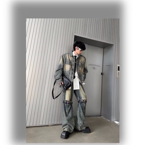 美式复古黄泥色牛仔外套情侣款高街垫肩工装褂子男设计感春秋夹克图片
