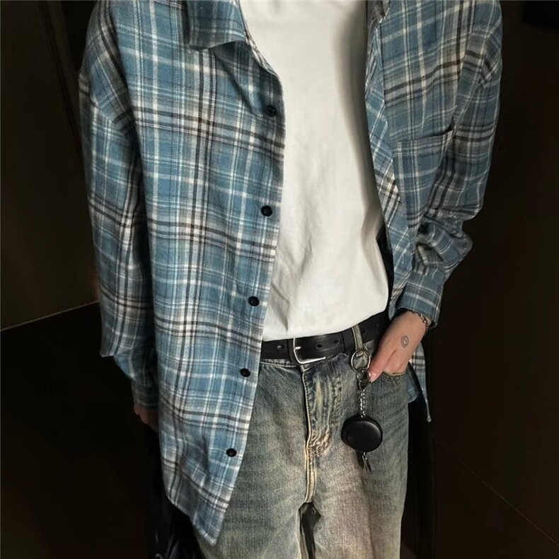 复古格子长袖衬衫男女外套新款宽松休闲百搭翻领衬衣L30433-p38,男装衬衫,星座1008