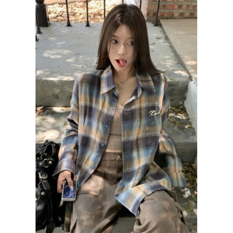 复古宽松格子衬衣女衬衫港味百搭长袖2025年春季新款C256,男装衬衫,星座1116A（原606A-3）