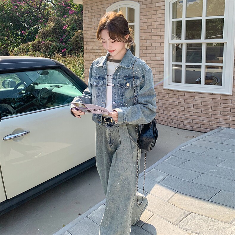重工烫钻牛仔外套阔腿裤套装两件套时尚2025春季新款女装又a又飒,女装套装/套裙,2C253
