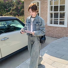重工烫钻牛仔外套阔腿裤套装两件套时尚2025春季新款女装又a又飒，女装套装/套裙，2C253