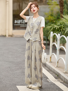 时尚印花马甲阔腿裤套装女2025夏季新款气质休闲短袖阔腿裤三件套图片