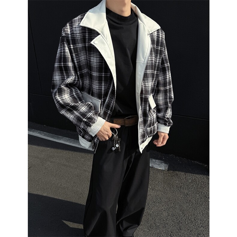 双面穿皮衣格子夹克外套机车服J2456-P85,男装夹克,星座1213
