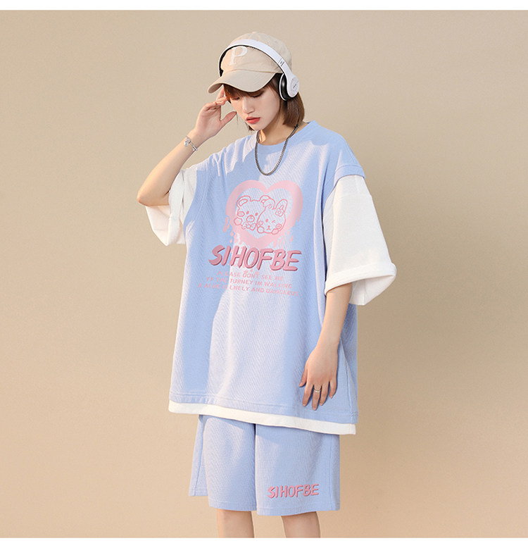 中性夏季潮牌ins个性爱心印花休闲情侣套装一套TZ618-P75控98,女装运动套装,A247A
