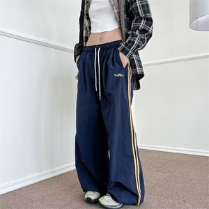 藏青色条纹爵士舞阔腿裤女夏季美式复古杠条速干束脚休闲拖地长裤图片