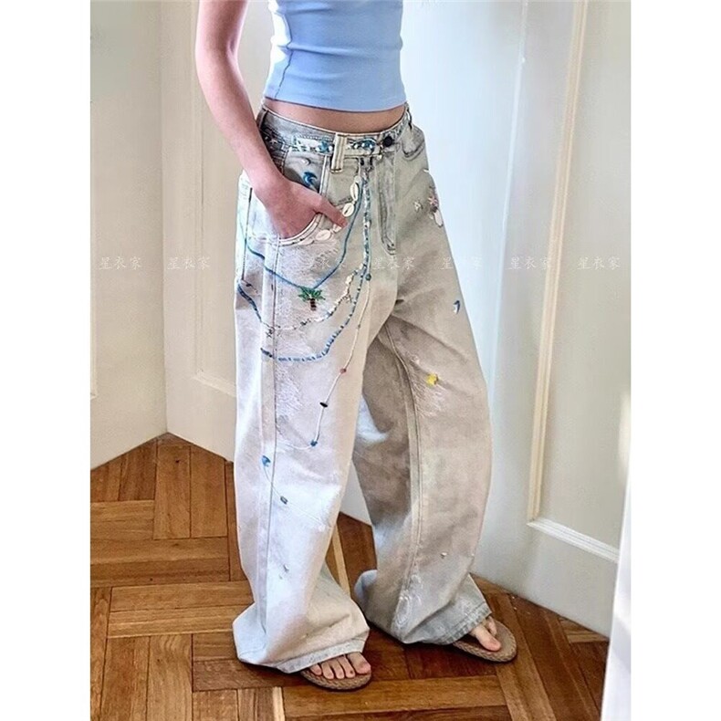 链条蕾丝印花牛仔裤女夏季泼墨设计脏染直筒阔腿裤显瘦百搭拖地裤,男装牛仔裤,星座410-7