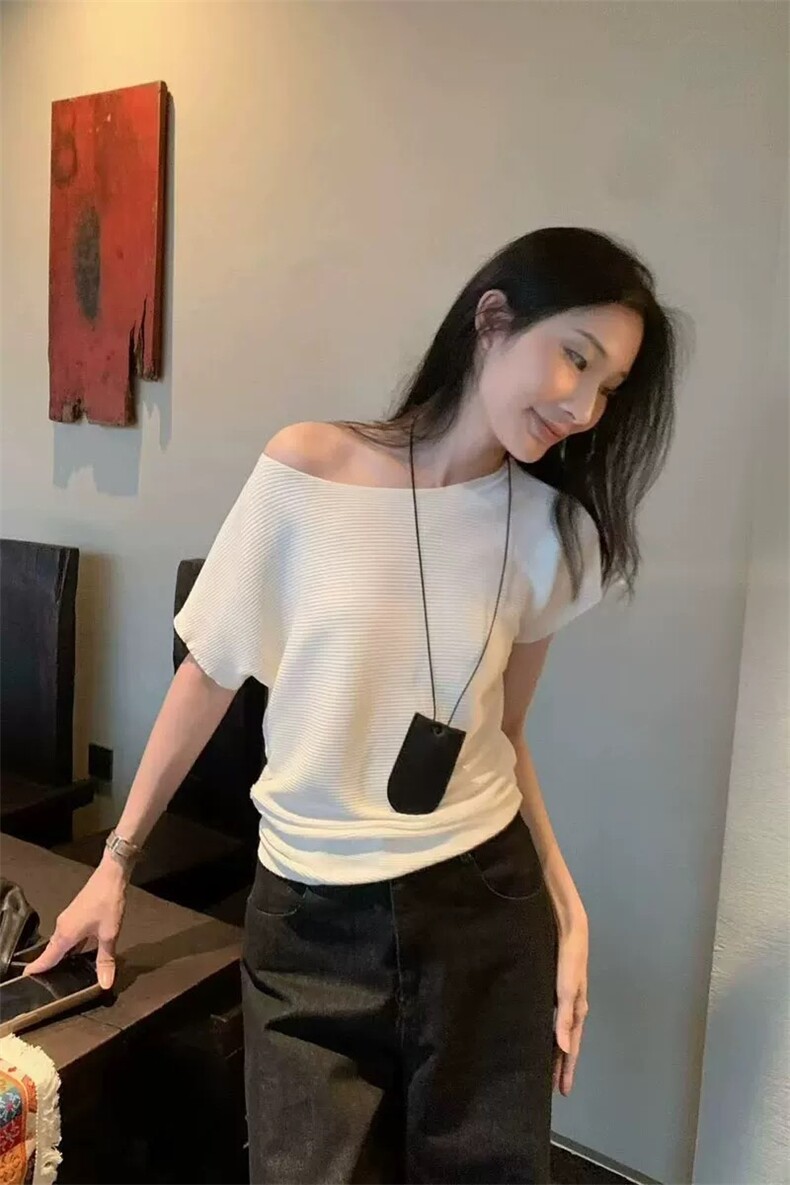 2025年秋季不连帽短袖圆领纯色一字领不规则短袖时尚百搭,女装T恤,圣旺供货
