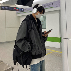 24秋装 美式复古假两件皮衣棒球服连帽中性夹克外套男 H994 P98图片