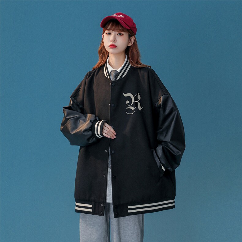 中性风22秋冬新款港风字母印花PU皮棒球服夹克外套G644P85控108,男装夹克,A247A