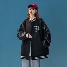 中性风22秋冬新款港风字母印花PU皮棒球服夹克外套G644P85控108，男装夹克，A247A