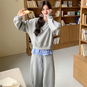 假两件拼接卫衣阔腿裤套装女2025春季新款韩系减龄休闲运动两件套图片