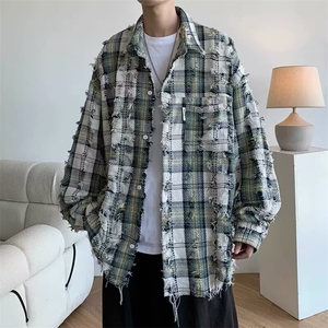 美式复古破洞格子长袖衬衫男女春秋季毛边设计宽松痞帅衬衣薄外套图片