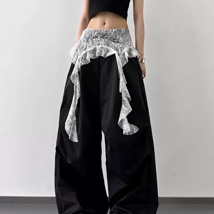 美式辣妹蕾丝拼接屁帘工装裤女2025春夏薄款宽松跳舞阔腿降落伞裤,女装休闲裤,星座1210-1