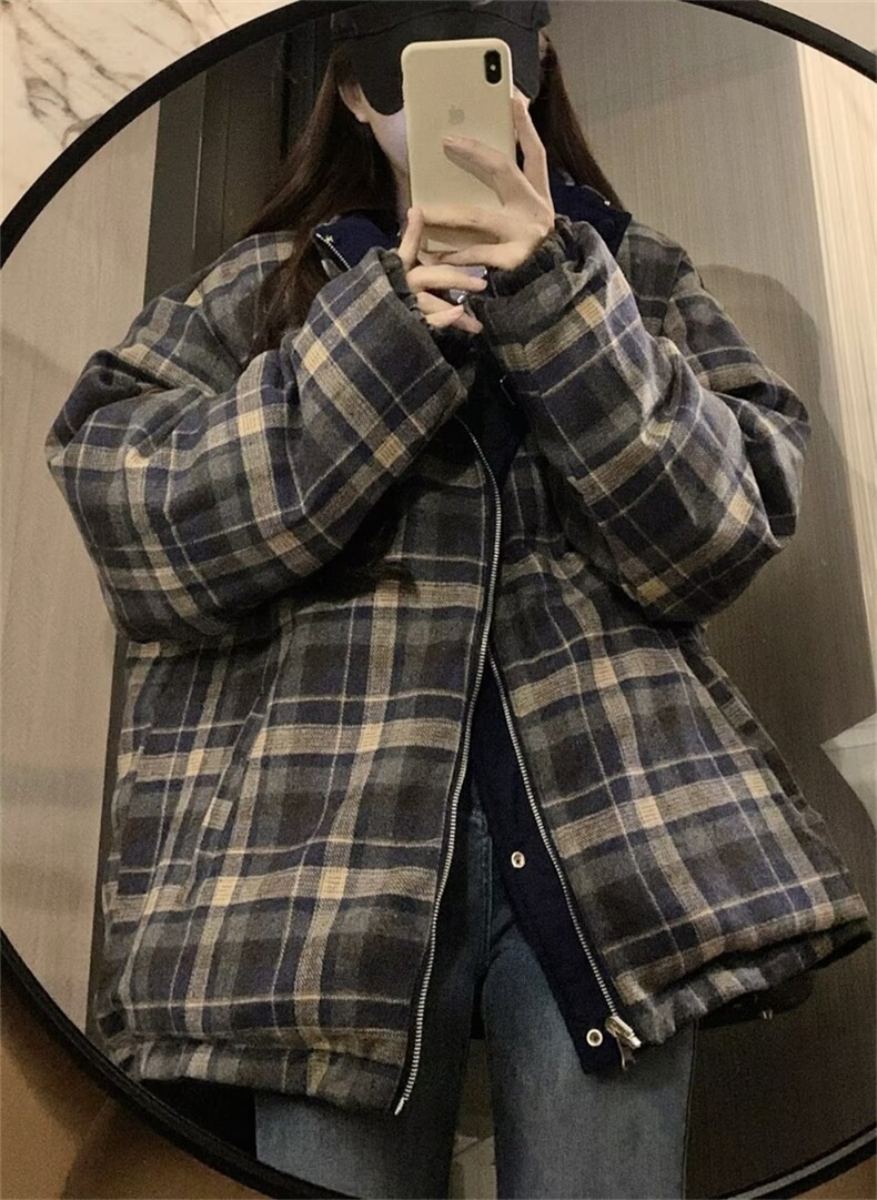 格子双面穿棉衣外套女冬季新款宽松bf美式复古面包服潮MY08-p105,男装棉衣,星座1008