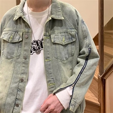 美式高街vibe风拉链水洗牛仔外套ins潮牌做旧黄泥染夹克JM60-p63，男装工装外套，星座1008-1
