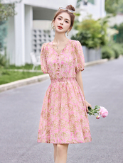 温柔甜美气质印花连衣裙女2025夏季时尚松紧收腰显瘦小个子A字裙，女装连衣裙，布芭啦