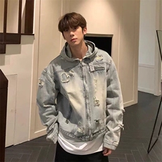 美式复古拉链破洞连帽牛仔外套男款潮流宽松百搭水洗做旧夹克上衣，男装夹克，星座506A